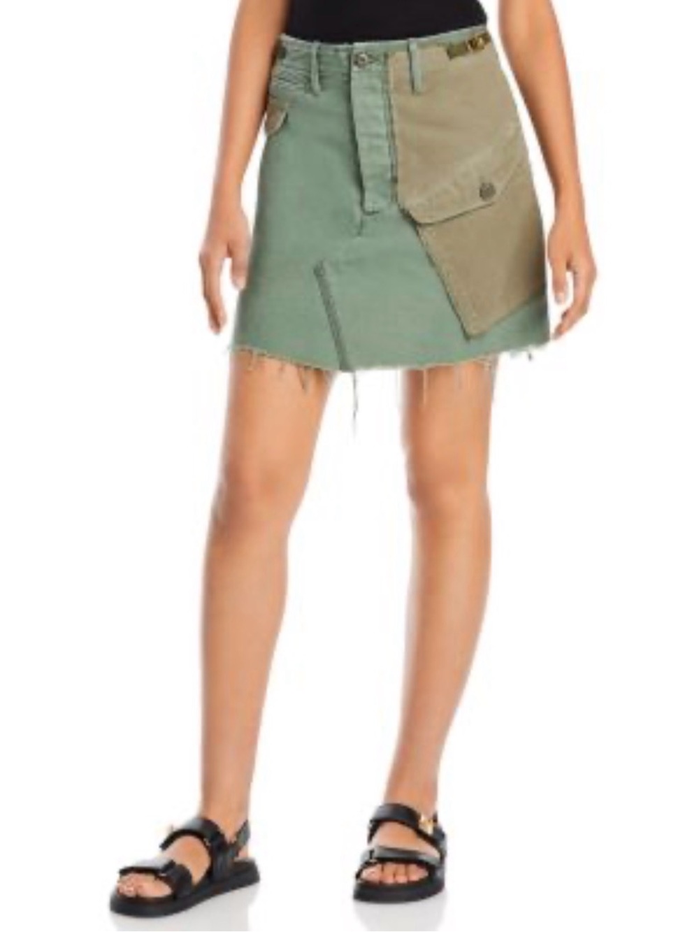 MOTHER GI-Jane Two-Tone Olive and Khaki Mini Skirt with Utility Pocket